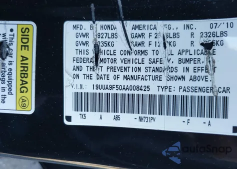 2010 Acura Tl 3.7 z USA, uszkodzony, nr VIN 19UUA9F50AA008425